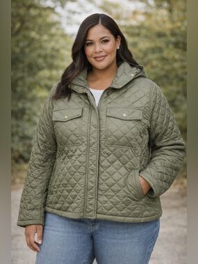 Snobbish Collection Quilted Hooded Jacket 2X Olive Lightweight Coat new with tag